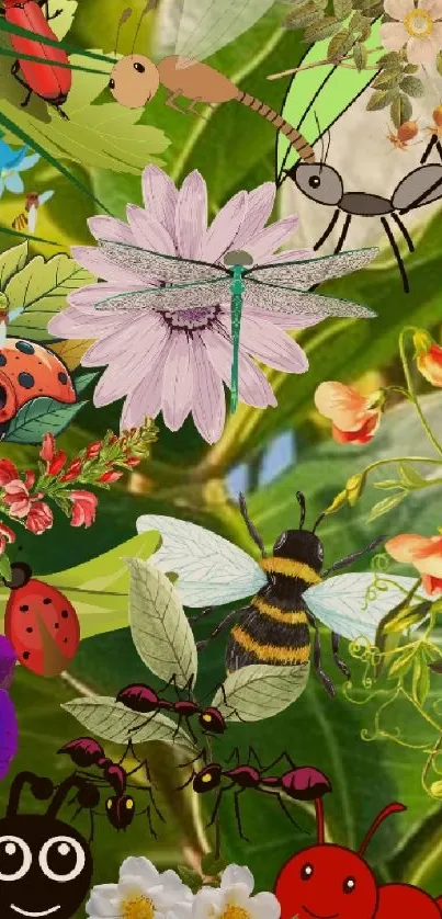 Vibrant wallpaper with insects and flowers on a green leafy background.