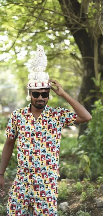 Man in colorful attire under a leafy tree.