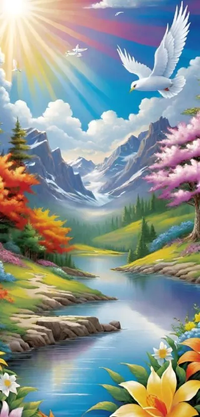 A vibrant mountain scene with flowers, river, and birds soaring in sunshine.