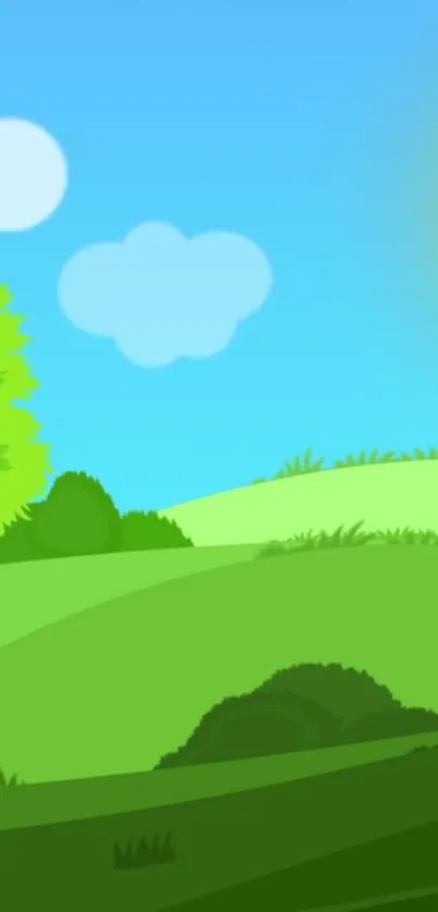 Illustrated vibrant nature landscape wallpaper with sunny skies and green hills.