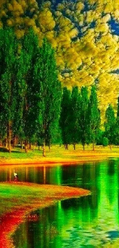 Green trees reflecting in water under a colorful sky.