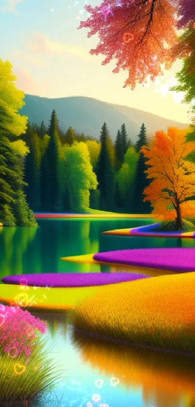 Vibrantly colored landscape wallpaper with trees and serene lake.