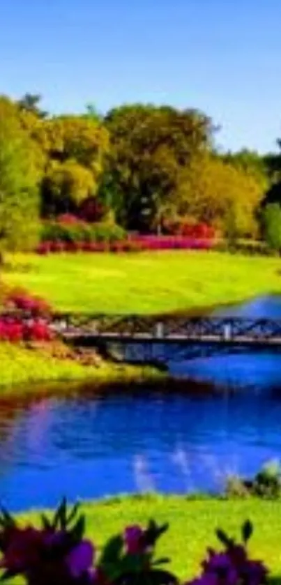 Vibrant nature landscape with blue lake and colorful flowers.