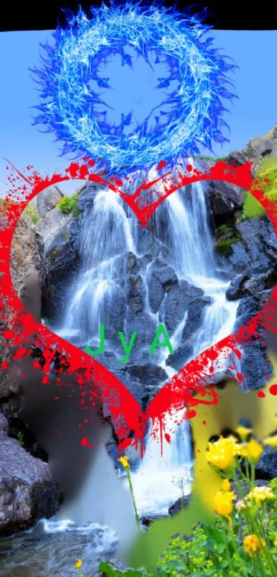 Vibrant nature phone wallpaper with heart and waterfall.