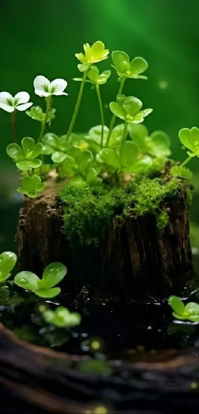 Lush green plants on a mossy stump with a vibrant nature backdrop.