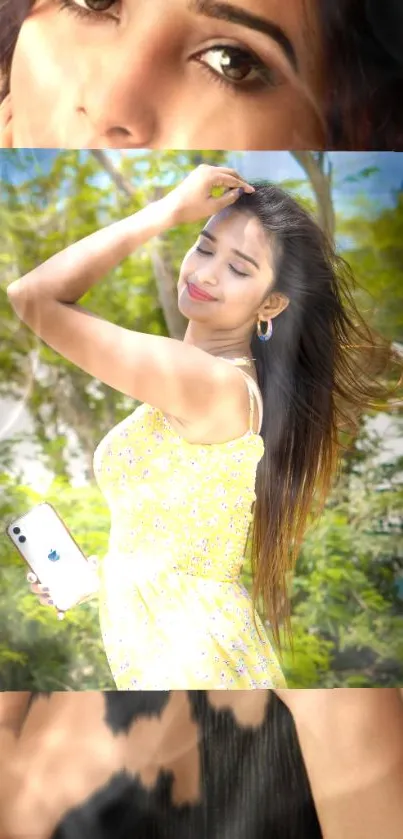 Woman in yellow dress holding a smartphone outdoors.