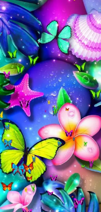 Colorful tropical wallpaper with leaves, butterflies, and flowers.