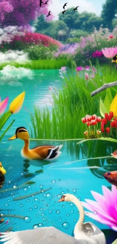 Colorful nature wallpaper with birds and water.