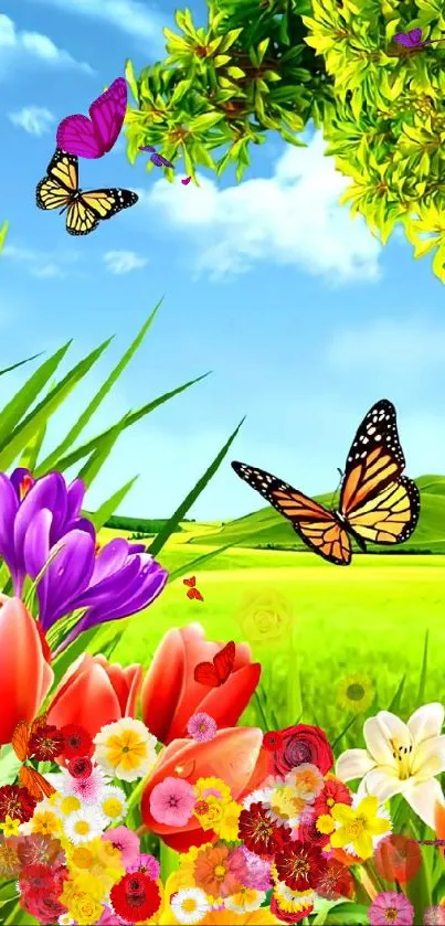 Colorful flowers and butterflies under a bright blue sky in a vibrant nature scene.