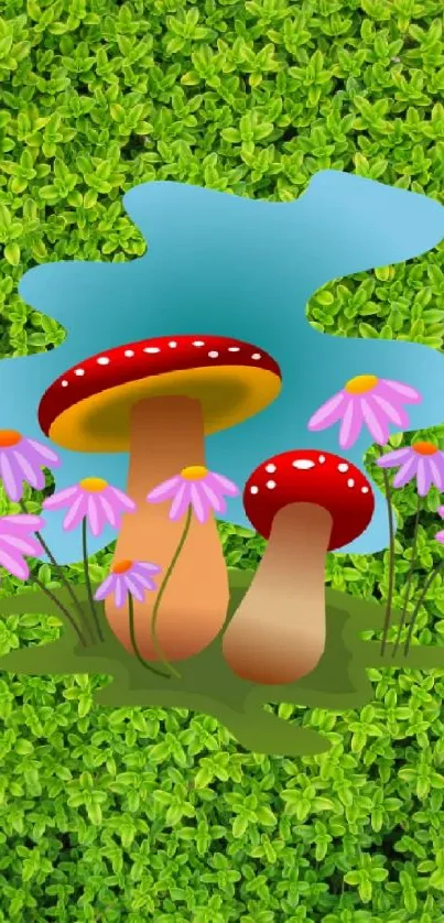 Whimsical mushrooms and flowers on a green leaf background mobile wallpaper.