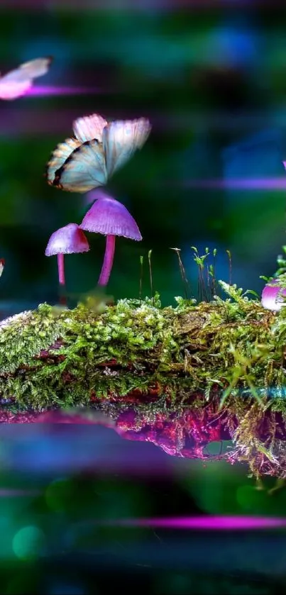Enchanting purple mushrooms with butterflies on a mossy ledge.