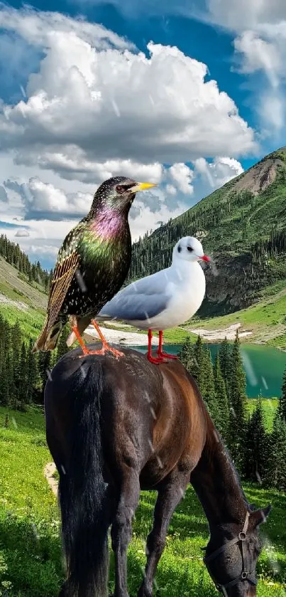 Birds perched on horse in mountain landscape.