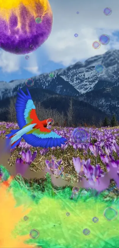 A vibrant mobile wallpaper featuring a flying parrot over purple flowers and mountains.