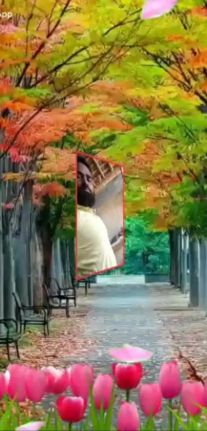 Colorful tree-lined pathway with pink flowers on a bright autumn day.