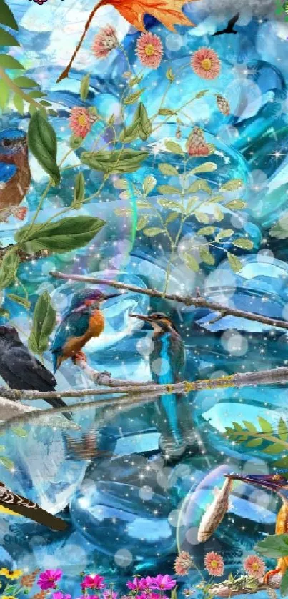 Vibrant nature wallpaper with blue pebbles and colorful flora and fauna collage.