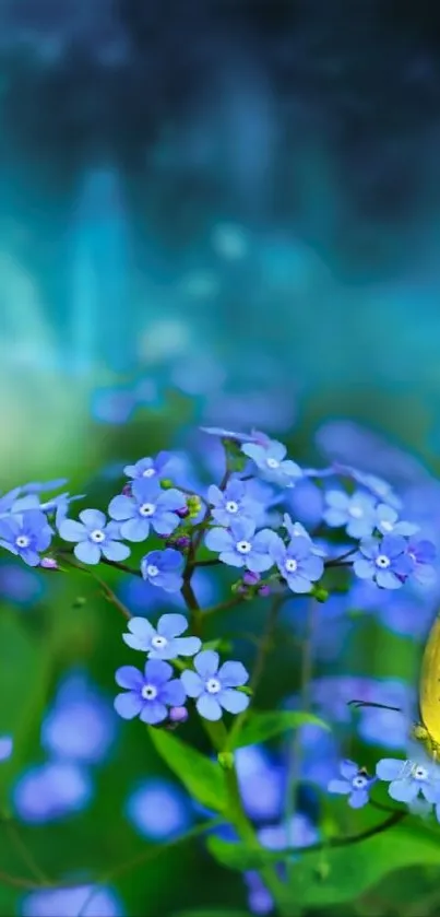 Blue flowers and yellow butterfly on wallpaper.