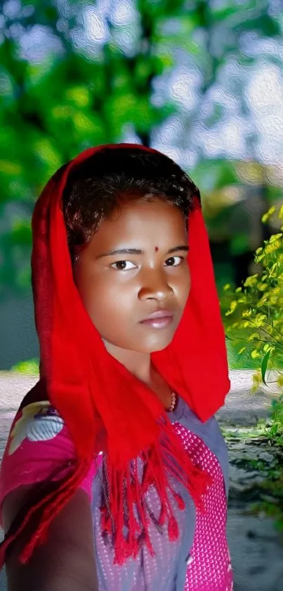 Portrait with red scarf in a lush green background.