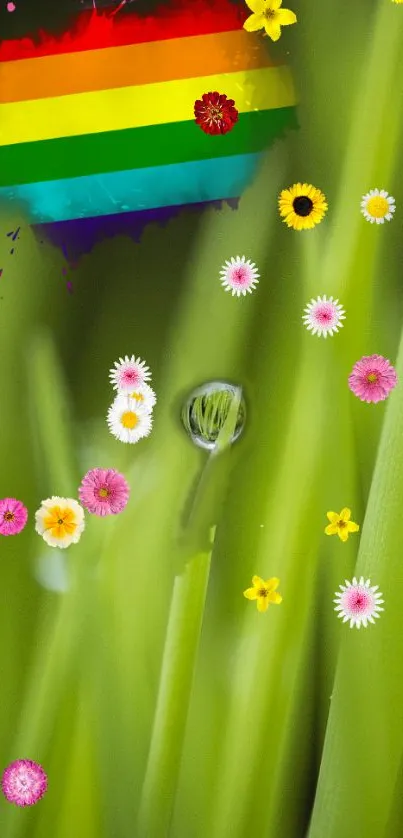 Mobile wallpaper with green grass, colorful flowers, and a rainbow pride flag.