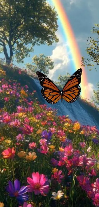Butterfly and rainbow over a vibrant flower meadow.