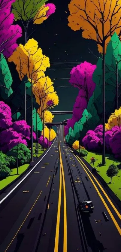 Vibrant road with colorful trees and purple foliage.