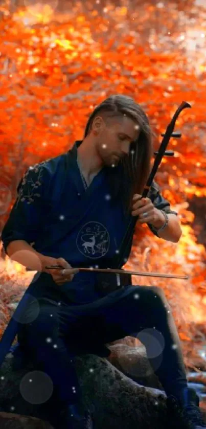 Samurai seated by stream with vibrant orange foliage.