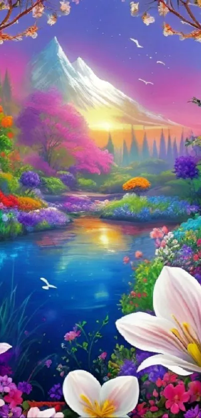 Vibrant nature wallpaper with flowers, river, mountains, and sunset sky.