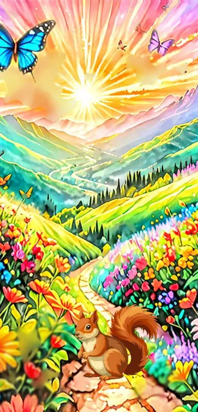 Vibrant landscape with flowers and butterflies under a radiant sun.