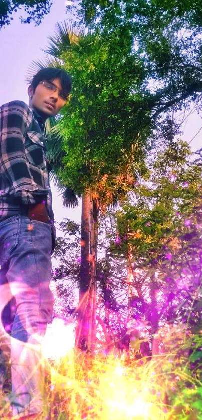 Young man standing in vibrant, lush greenery with a colorful, serene background.