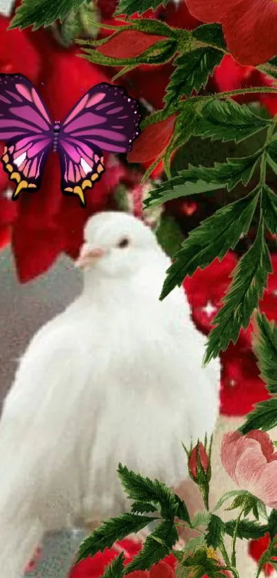 White dove amid red flowers and green leaves with a purple butterfly.