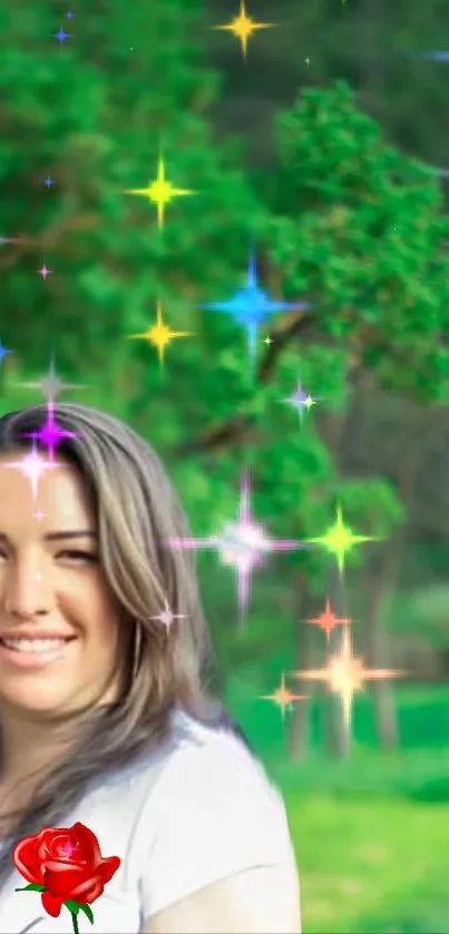 Smiling woman in a green park with colorful sparkling stars and red rose overlay.