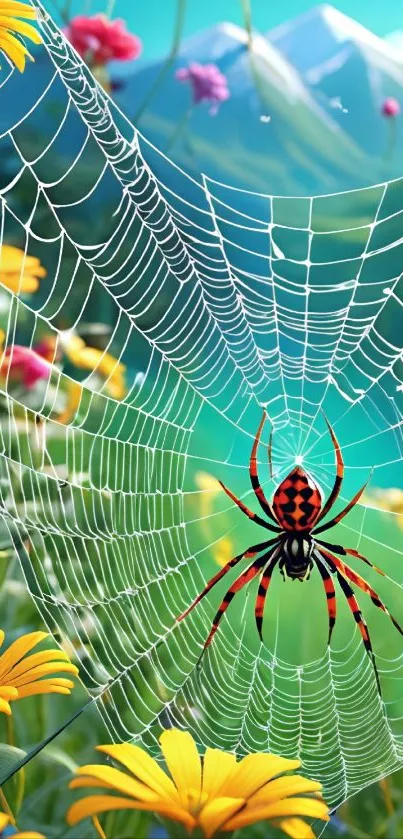Colorful spider on web with vibrant flowers.