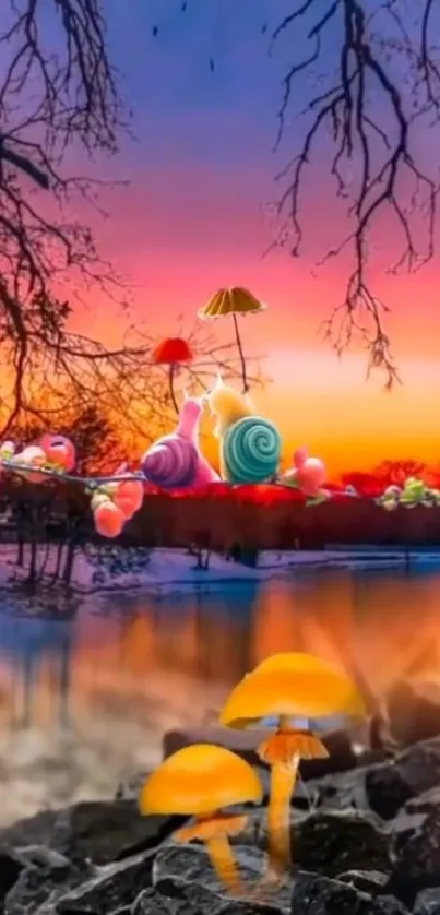 Colorful snails and mushrooms at sunset on a serene nature background.