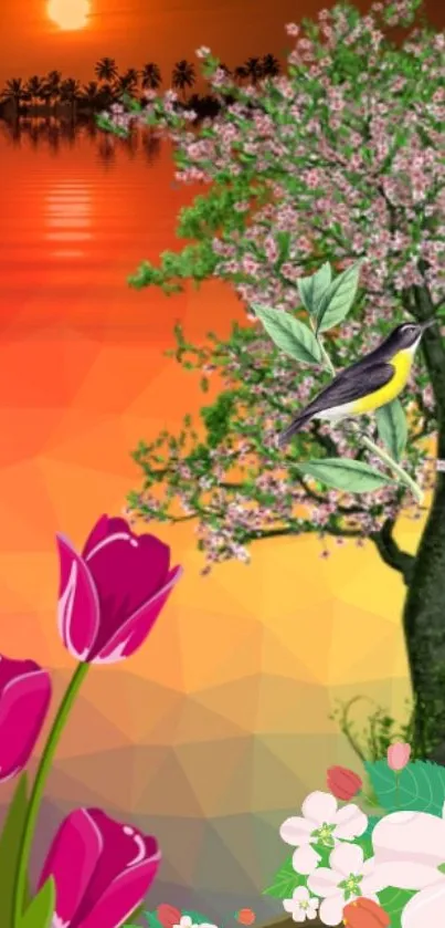 Colorful nature wallpaper with sunset, flowers, and a bird on a vibrant background.