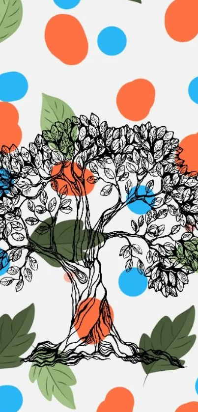 Vibrant abstract tree sketch on a colorful background with dots and leaves.