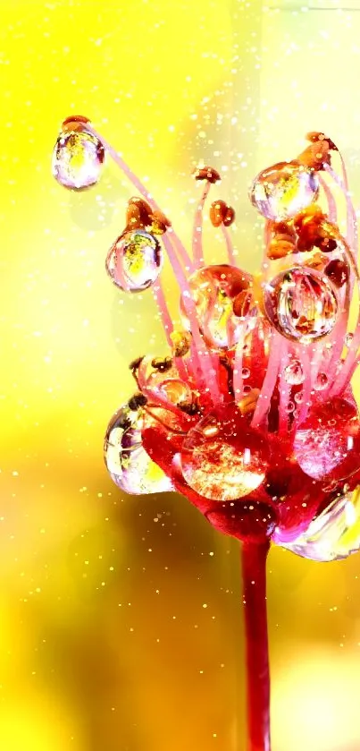 Colorful flower bud with water droplets on a vibrant yellow background.