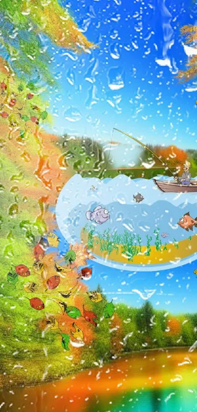 Nature wallpaper with a lake, colorful leaves, and raindrop reflections.