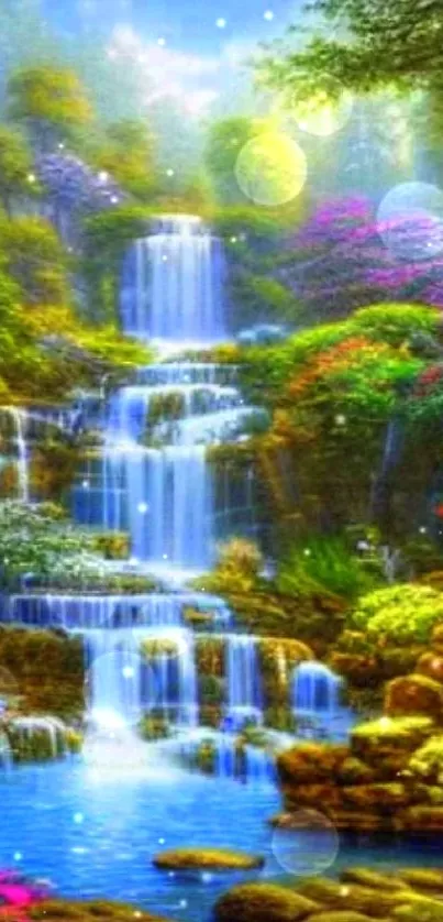 Colorful waterfall surrounded by lush foliage and vibrant flowers.