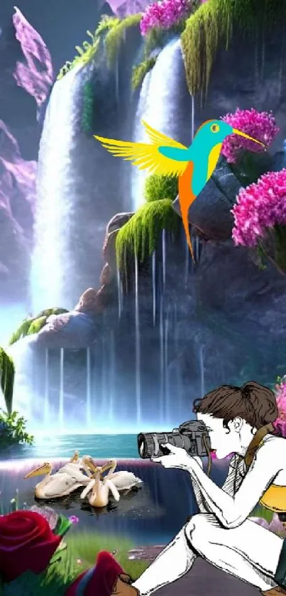 Fantasy landscape with waterfall, hummingbird, and photographer.