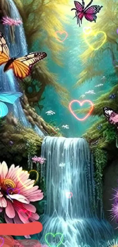 Vibrant forest waterfall with butterflies and flowers.