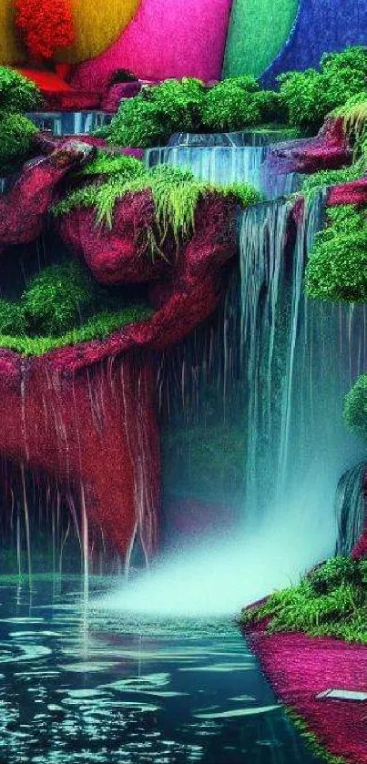 Colorful waterfall with vibrant greenery and rocks.