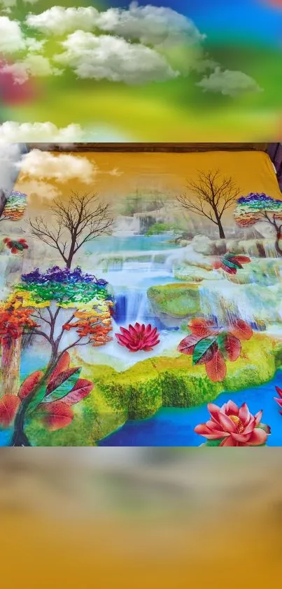 Colorful nature wallpaper with a waterfall, trees, and lotus flowers.