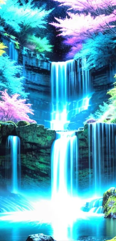 Vibrant cyan waterfall with colorful foliage.