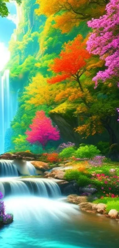 Vibrant nature wallpaper featuring waterfall and colorful foliage.