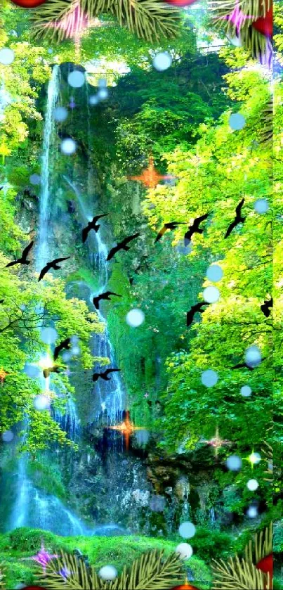Waterfall in lush green forest with birds and festive decorations.