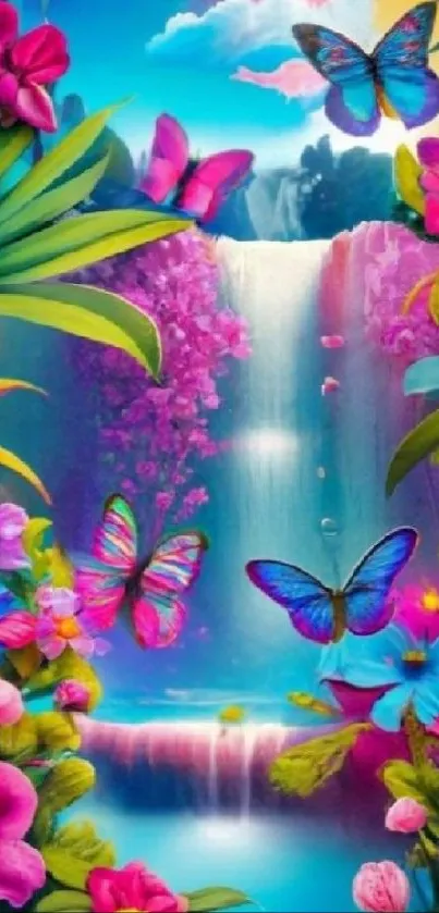 Colorful butterflies near a tropical waterfall with lush flowers.