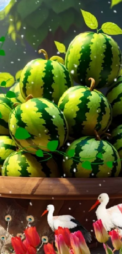 Lush watermelons in a pot with storks and tulips under a moonlit sky.