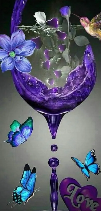 Artistic wine glass with butterflies and flowers in purple hues.