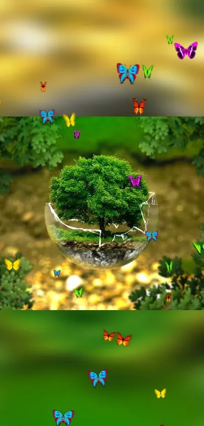 Floating green tree in orb with colorful butterflies.