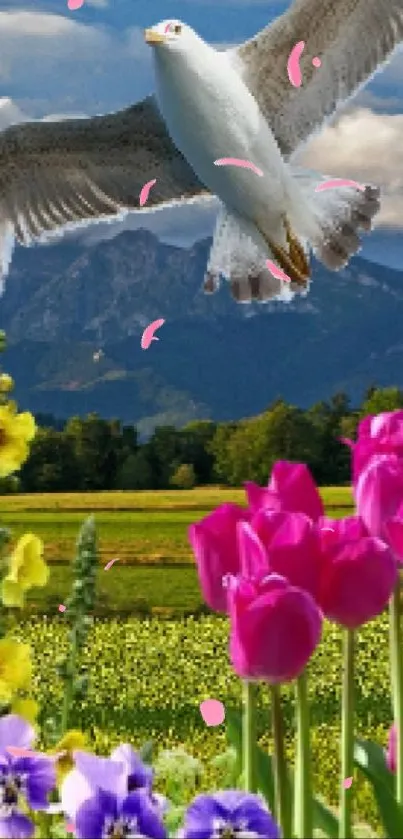 Seagull flying over colorful flowers with mountains.