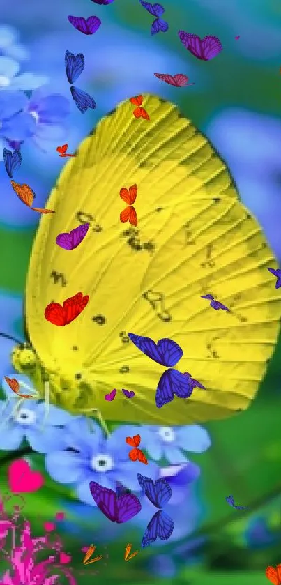 Yellow butterfly on blue flowers mobile wallpaper.